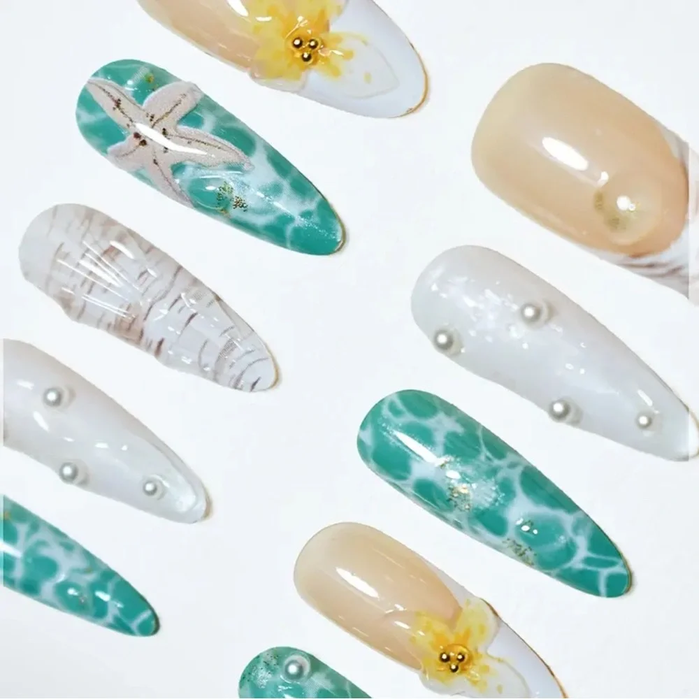 Elegant Ocean Press On Nail Art Set Blue & Cream 10 pc Long Length Reusable NWT